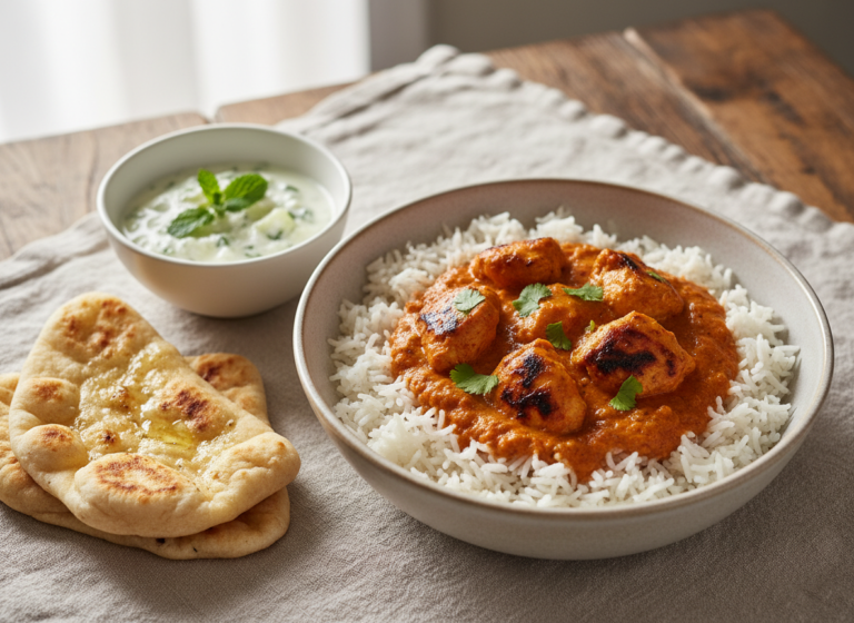 Bowl of chicken tikka masala over basmati rice with raita and naan