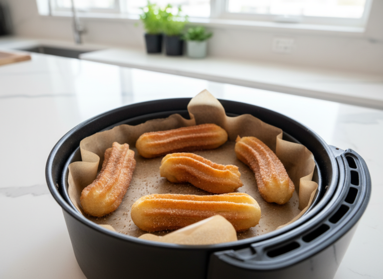 Golden churros spaced apart in an air fryer basket