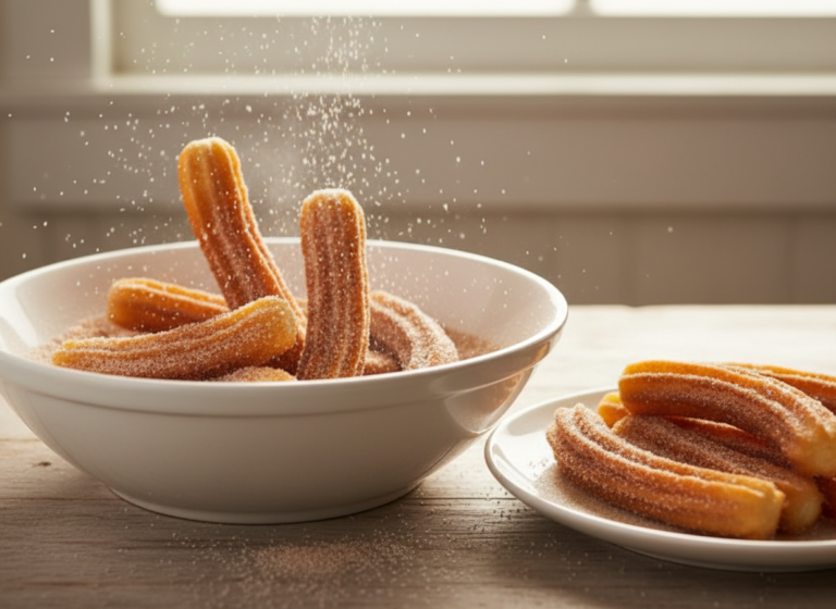 Warm churros coated in cinnamon sugar in a shallow bowl