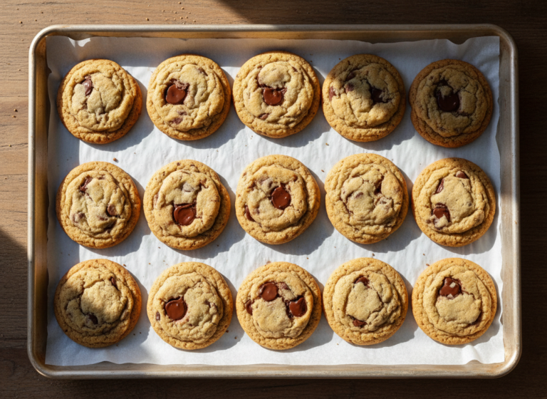 Cookies baked on parchment paper, slightly thicker and rounder