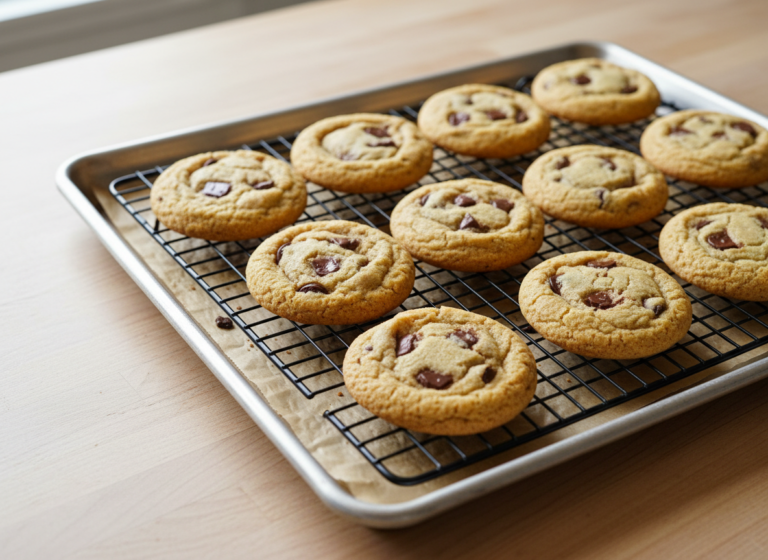 Golden cookies cooling on a wire rack over a rimmed half sheet pan
