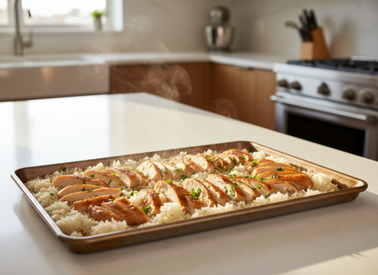 Cooked rice and sliced chicken spread thin on a sheet pan to cool quickly
