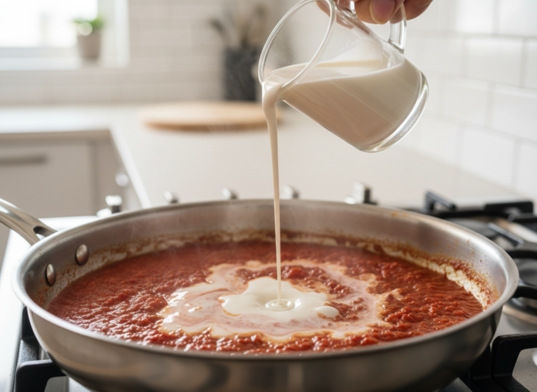 Heavy cream poured in a thin stream into thick tomato sauce over low heat