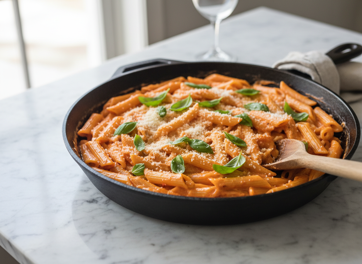 Skillet of penne in a glossy creamy tomato basil sauce topped with basil and Parmesan