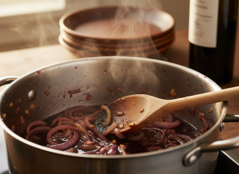 Wooden spoon scraping browned bits with red wine and onions in a stainless steel pot