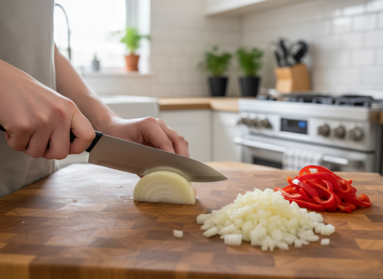 Dicing an onion with an 8-inch chef's knife, one of the key kitchen tools for weeknight cooking