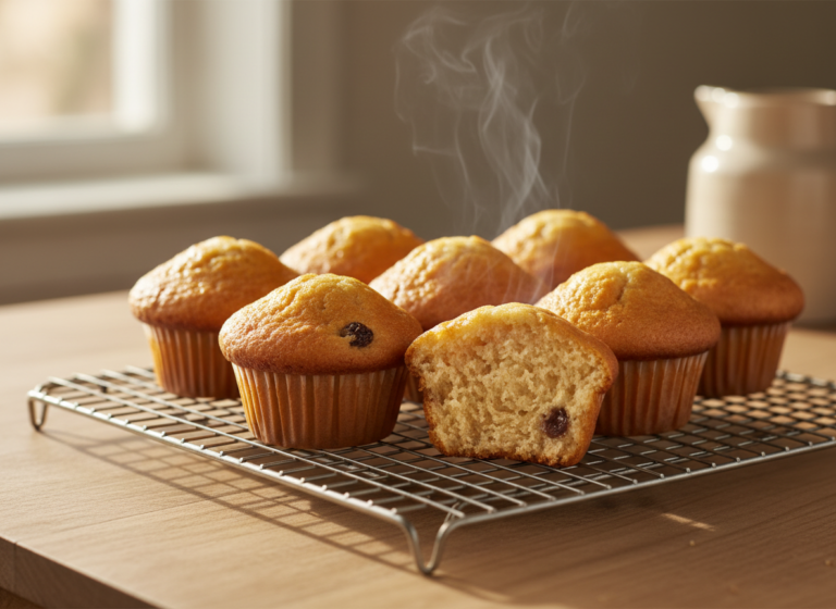 What Can I Use Instead of Eggs in Baking? 9 Swaps, Measured 5 Golden muffins on a cooling rack, one split open to show a tender crumb