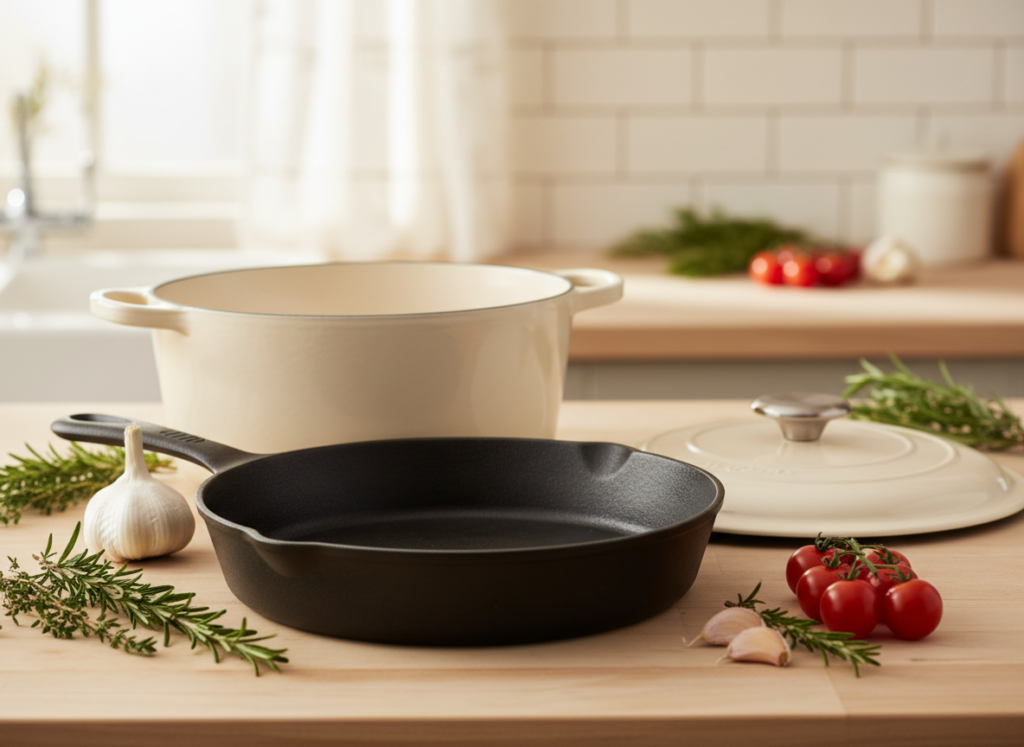 Enameled vs Bare Cast Iron: Which Should You Buy First? 2 Bare cast iron skillet next to an enameled cast iron Dutch oven, enameled vs bare cast iron