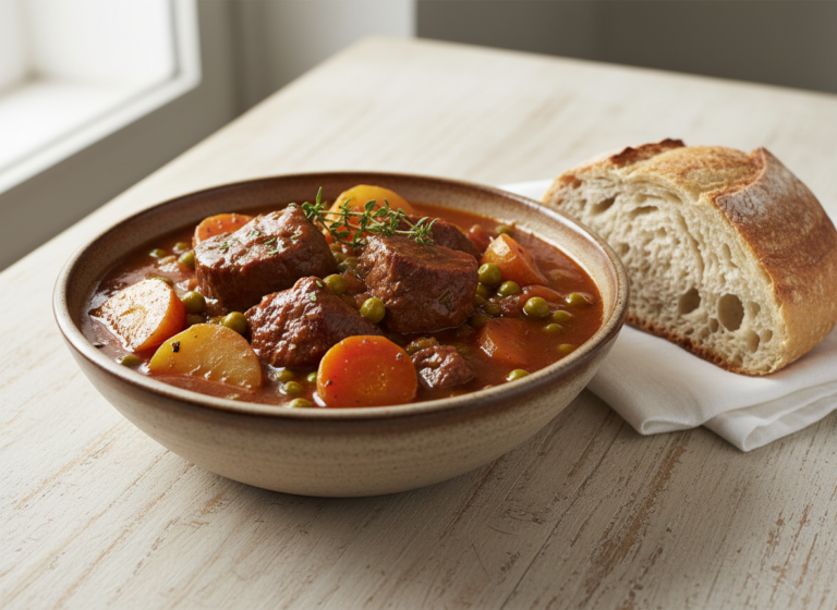 Bowl of thick beef stew with carrots, potatoes and peas, served with crusty bread