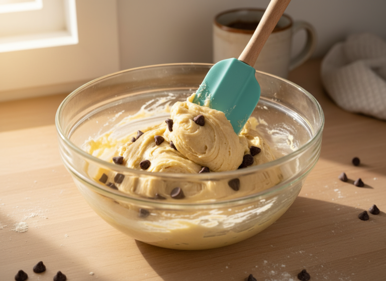 Silicone spatula folding chocolate chips into cookie dough in a glass bowl
