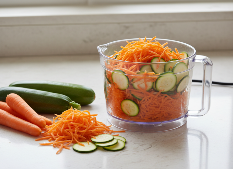 Food processor bowl with shredded carrots and sliced zucchini