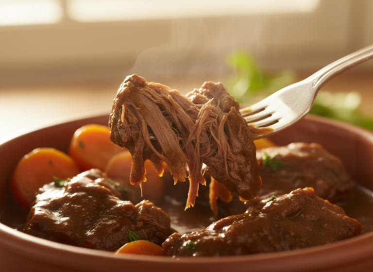 Why Is My Slow Cooker Beef Stew Tough? How to Make It Fork-Tender 6 Fork pulling apart a fork-tender piece of braised beef