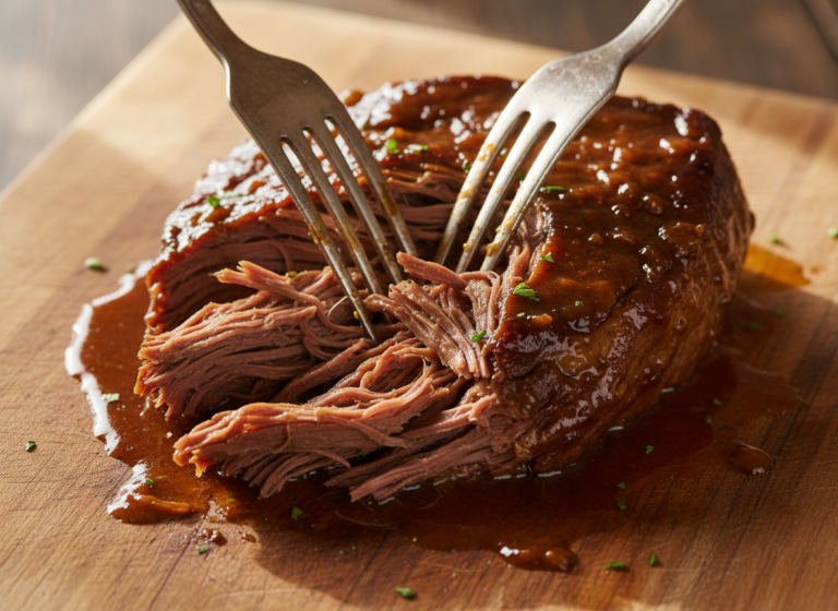 Instant Pot pot roast pulled apart with two forks on a cutting board