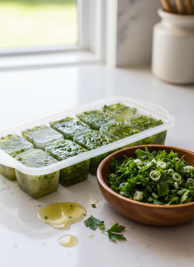 How to Store Fresh Herbs: Which Go in Water, Which Get a Towel? 6 Chopped herbs covered with olive oil in an ice cube tray, ready for the freezer