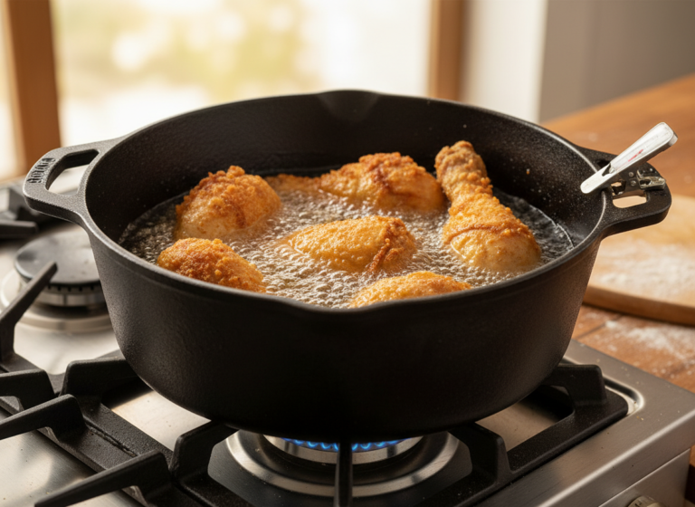 Chicken frying in a deep bare cast iron Dutch oven with plenty of headroom above the oil