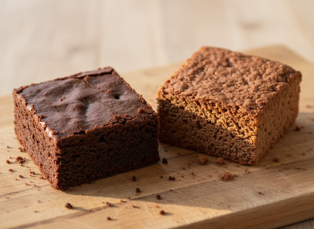 Fudgy vs Cakey Brownies: What Makes the Difference 2 Fudgy vs cakey brownies side by side, a dense fudgy square next to a taller cakey square
