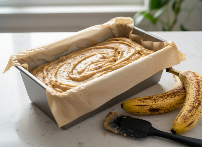 Thick gluten-free banana bread batter resting in a parchment-lined loaf pan