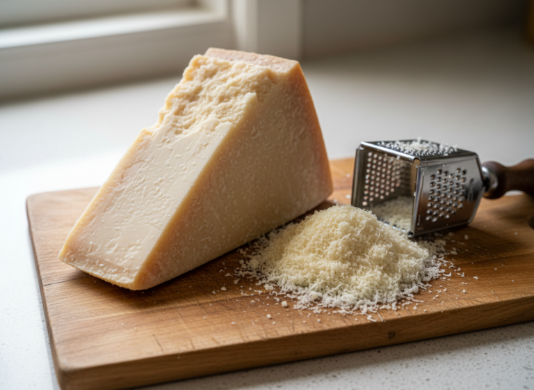 Finely grated Parmigiano-Reggiano next to a wedge of the cheese