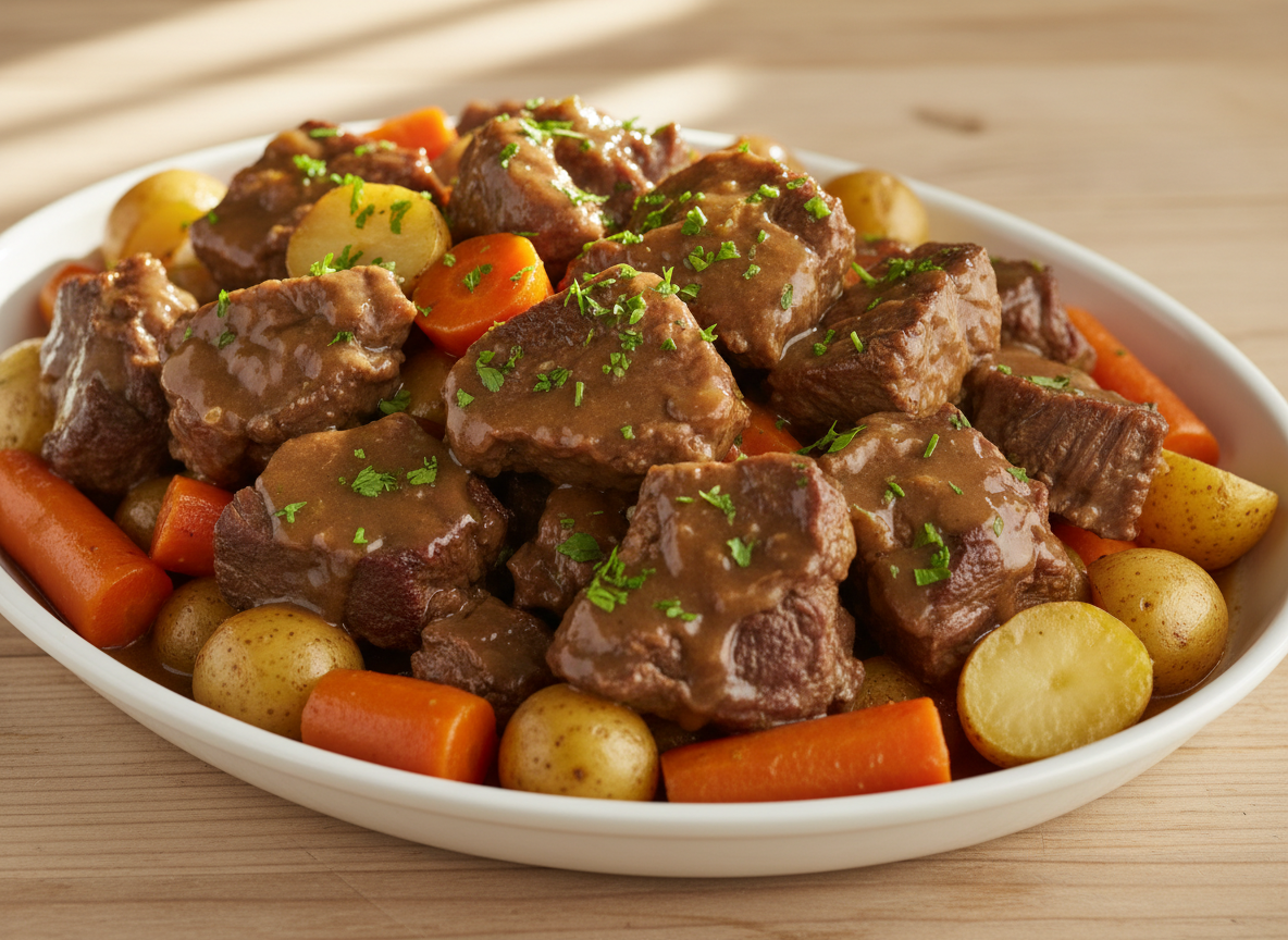 Instant Pot pot roast with carrots, potatoes and gravy on a platter