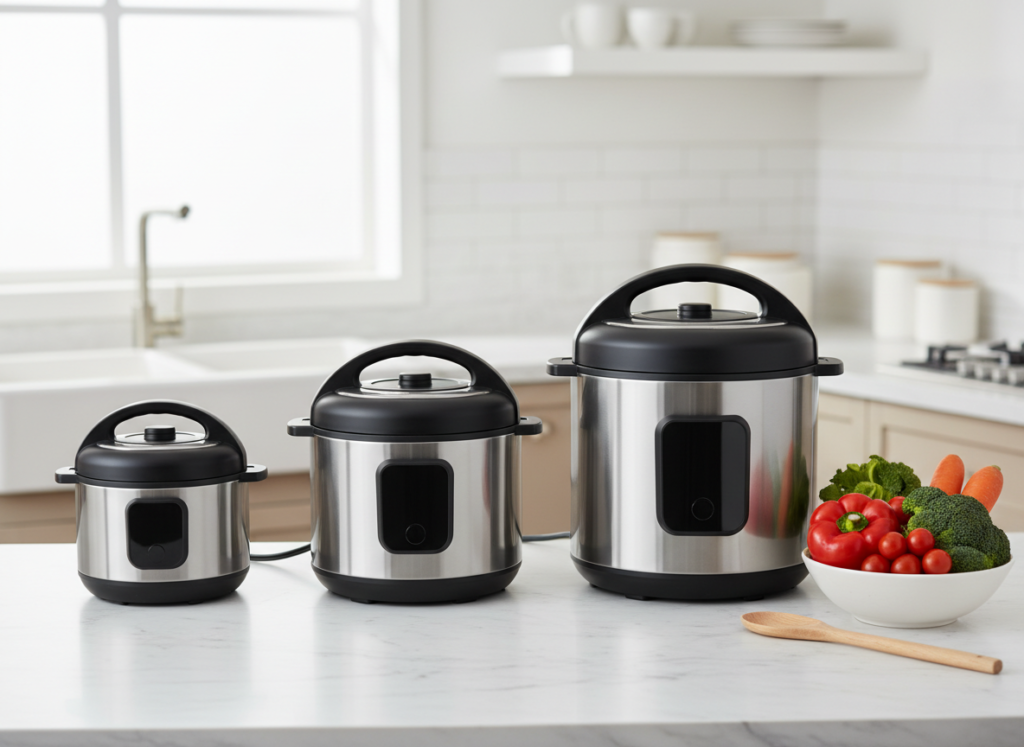 Three electric pressure cookers in small, medium and large sizes side by side on a kitchen counter