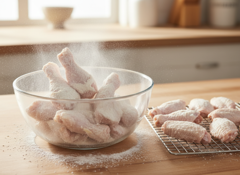 Crispy Korean Fried Chicken with Gochujang Sauce 4 Chicken wing pieces being coated in potato starch before frying
