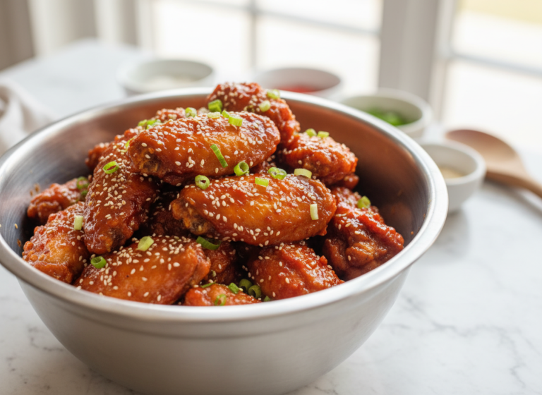 Crispy Korean Fried Chicken with Gochujang Sauce 5 Korean fried chicken tossed in glossy gochujang sauce with sesame seeds