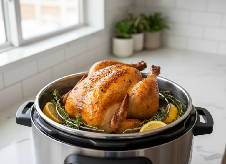Whole cooked chicken on a trivet inside a large pressure cooker inner pot