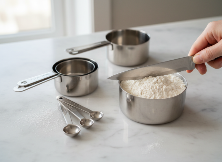 Leveling flour in a stainless steel measuring cup with a knife