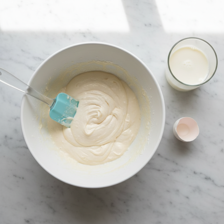 Thick, slightly lumpy pancake batter in a mixing bowl with a spatula