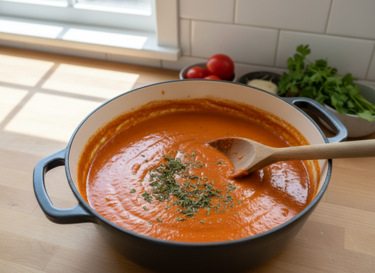 Blended tomato and cream masala sauce simmering in a pot