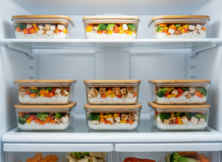 How to meal prep lunches: glass containers stacked on a refrigerator shelf