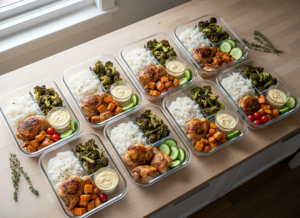 How to meal prep a week of lunches: glass containers with rice, roasted chicken, sweet potatoes and broccoli
