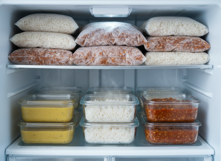 How long does meal prep last in the fridge vs the freezer: frozen portions of soup, rice and chili