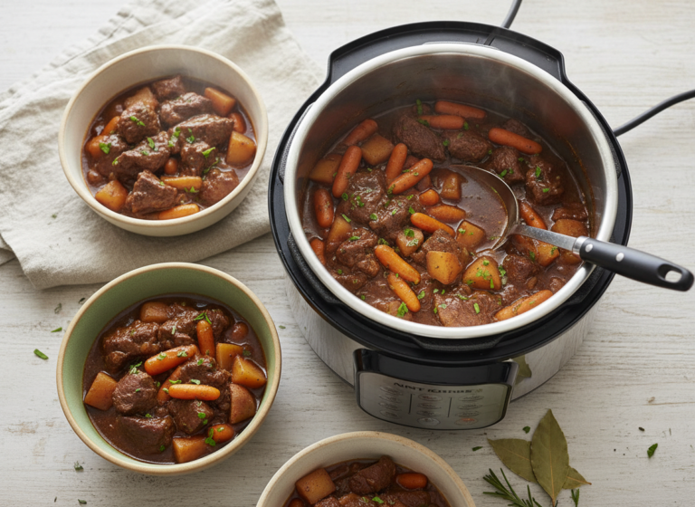 Instant Pot size guide example: a 6-quart pressure cooker pot of beef stew next to four bowls