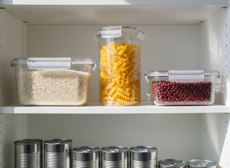 Pantry staples on a shelf: airtight containers of rice, pasta and dried beans