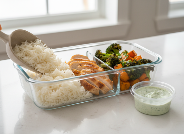 Divided glass container packed with rice, chicken and roasted vegetables, sauce on the side