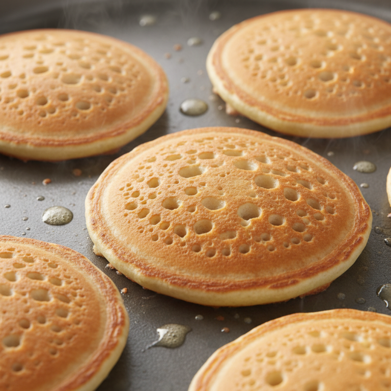 Why are my pancakes flat: pancakes on a griddle with popped bubbles and set edges, ready to flip