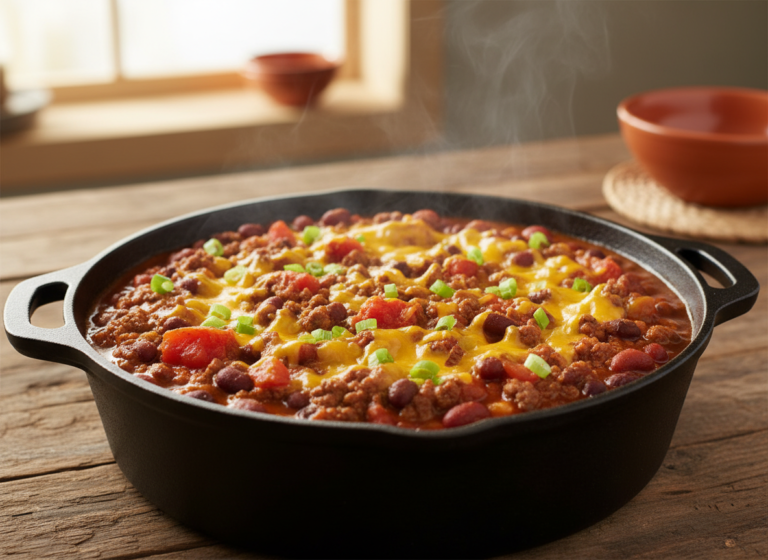 Pot of beef and bean chili topped with cheddar and green onion