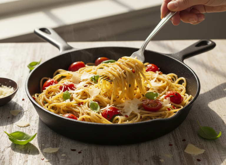 Skillet of spaghetti with garlic, tomatoes, olive oil and red pepper flakes