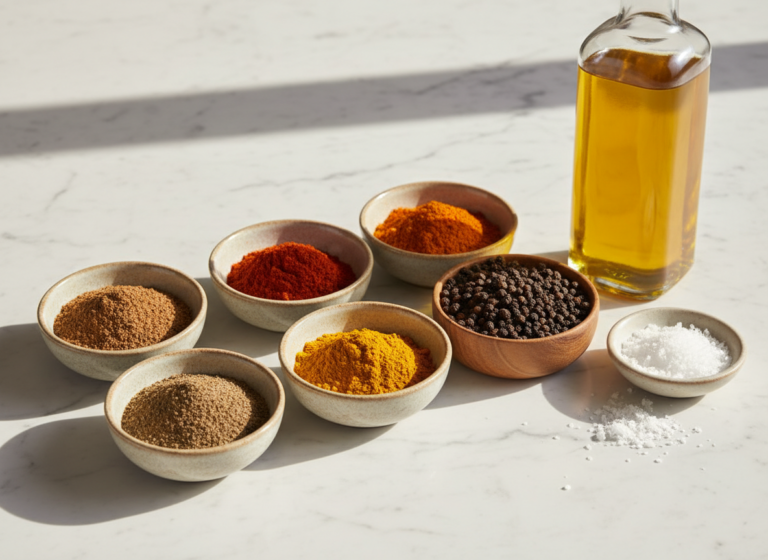 Bowls of ground spices, peppercorns, kosher salt and olive oil on a marble counter