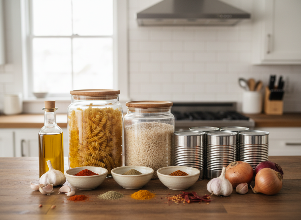 What Pantry Staples Do You Need to Cook Dinner Without Shopping? 13 Pantry staples for dinner arranged on a wooden counter: pasta, rice, lentils, canned tomatoes, olive oil and spices