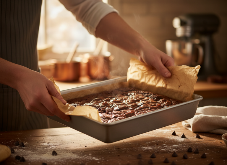 Lifting brownies out of a pan with a parchment paper sling