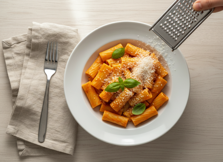 Creamy tomato basil pasta in a white bowl with finely grated Parmesan