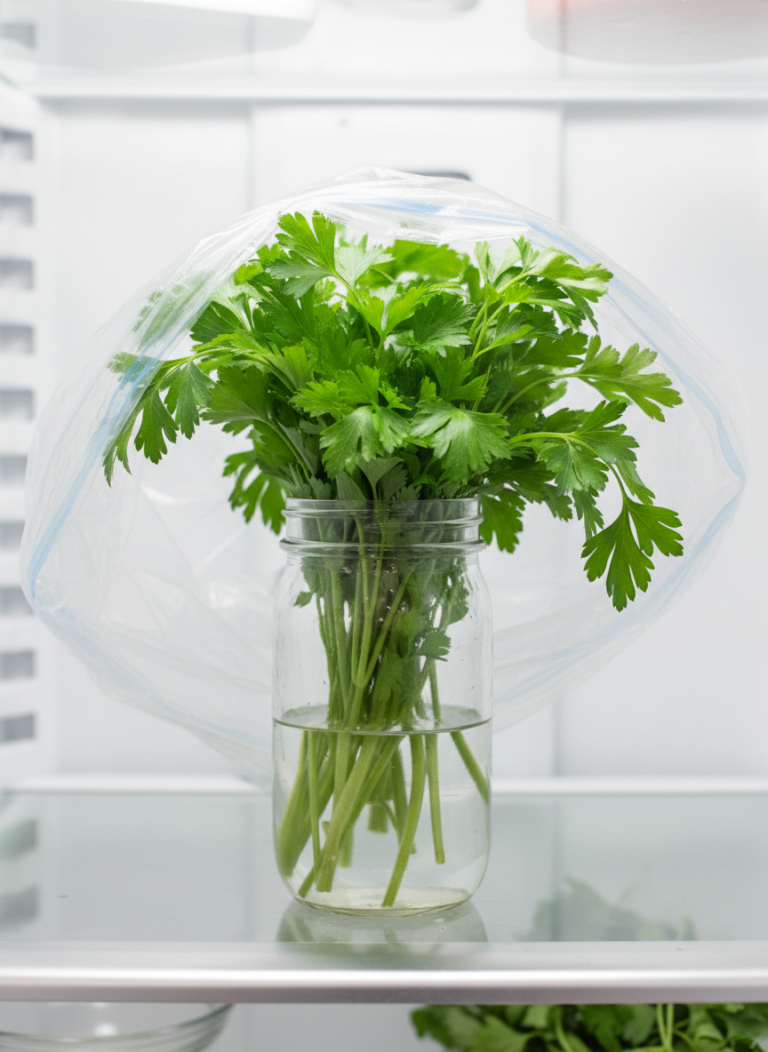 How to Store Fresh Herbs: Which Go in Water, Which Get a Towel? 3 How to store fresh herbs like parsley: stems in a jar of water under a loose bag in the fridge