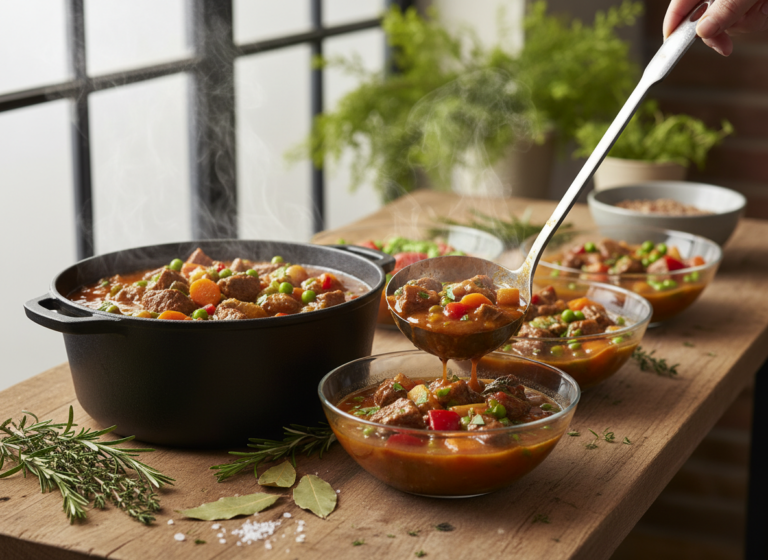 Beef stew ladled into shallow glass containers for the fridge