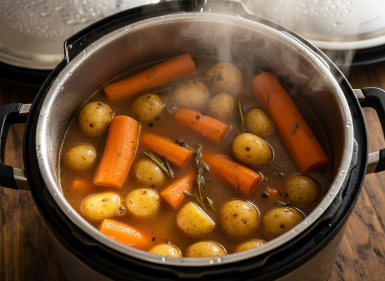 Carrots and baby potatoes cooked in beef broth in a pressure cooker pot