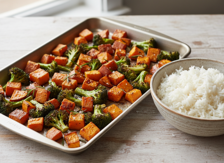 Roasted sweet potato cubes and broccoli next to a bowl of cooked rice