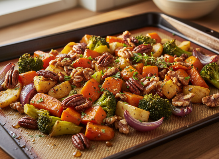 Glazed nuts and vegetables roasting on a silicone baking mat