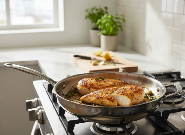 Golden seared chicken cutlets in a stainless steel skillet