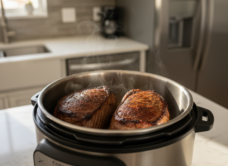 Two pieces of chuck roast browning in the inner pot of an electric pressure cooker